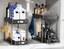 two organizers under a sink with beauty products