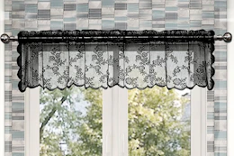 Lifestyle image of a black lace valance over window