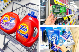 collage image of tide detergent, oral b electric toothbrush, and irish spring bar soap