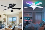2 lifestyle images of the Kviflon Ceiling Fan in black and white
