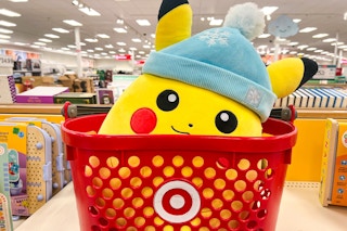 squishmallows pikachu sitting in a target basket