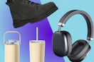 black Ozark Trail boots, Carote drinkware, and Bluetooth headphones