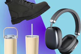 black Ozark Trail boots, Carote drinkware, and Bluetooth headphones