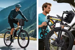 2 lifestyle photos of an adult electric bike (being used on the road and being folded up for inside trunk of vehicle)
