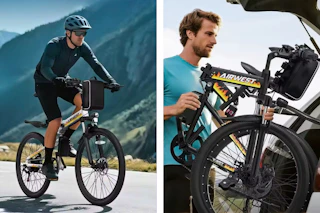 2 lifestyle photos of an adult electric bike (being used on the road and being folded up for inside trunk of vehicle)
