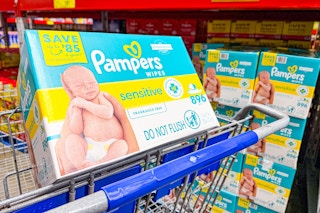 box of pampers sensitive baby wipes in a cart