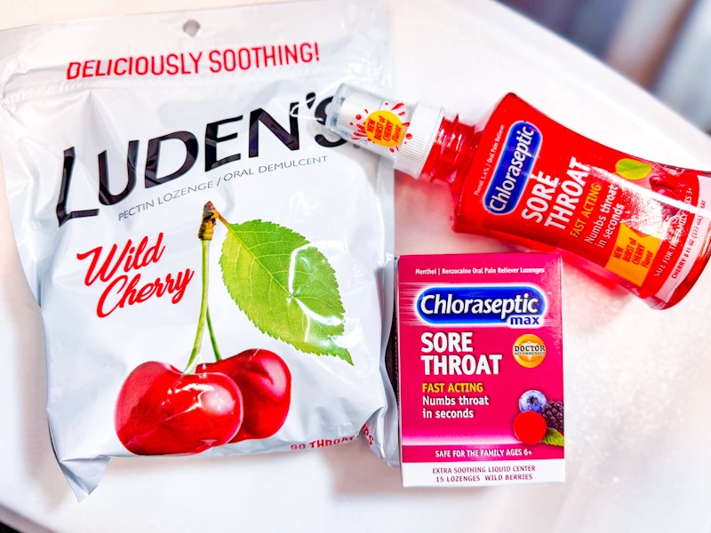 chloraseptic throat spray and lozenges and ludens drops on table at walmart