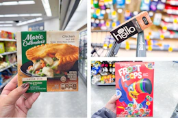 collage with hello toothpaste, froot loops cereal, and marie callenders pot pie