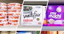 collage of laughing cow cheese, vanity fair napkins, and my mochi dessert