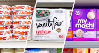 collage of laughing cow cheese, vanity fair napkins, and my mochi dessert