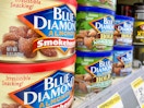 A variety of Blue Diamond Almonds sitting on a store shelf.