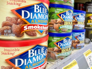 A variety of Blue Diamond Almonds sitting on a store shelf.