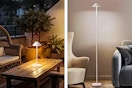2 lifestyle images of the Netin Lamp used outdoors and indoors as a table lamp and floor lamp