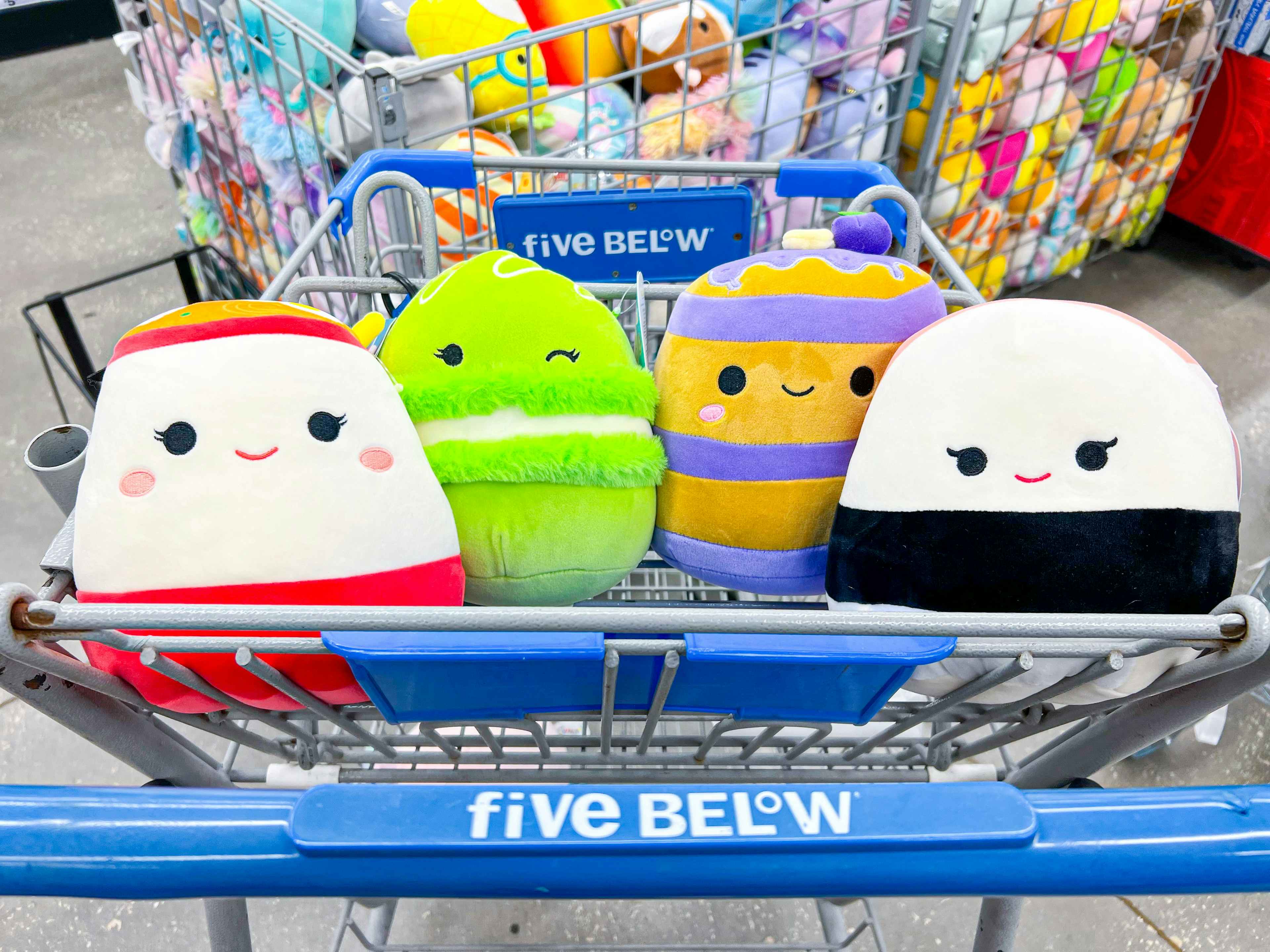 a row of squishmellows in five below cart basket 