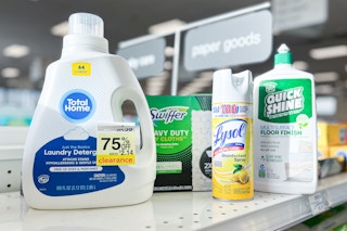 Total Home detergent, Swiffer pads, Lysol spray and Quick Shine cleaner