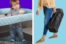 2 lifestyle images of pack and plays: 1 close up shot of baby inside one and another image of it folded up inside carrying case 