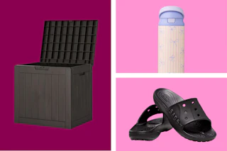 brown deck box, water bottle with bows, and black Crocs sandals