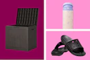 brown deck box, water bottle with bows, and black Crocs sandals