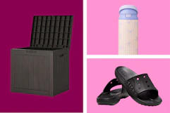 brown deck box, water bottle with bows, and black Crocs sandals