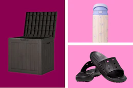 brown deck box, water bottle with bows, and black Crocs sandals