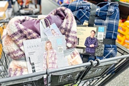 men's shirt jackets and ladies shackets in a shopping cart at aldi