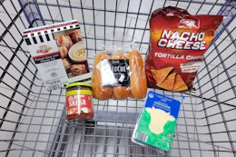 pretzel bites, salsa, brioche hot dog buns, provolone cheese slices, and chips in a cart
