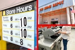 a photo collage of home depot store hours, sign, and a person looking at a grill 