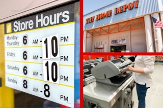 a photo collage of home depot store hours, sign, and a person looking at a grill 