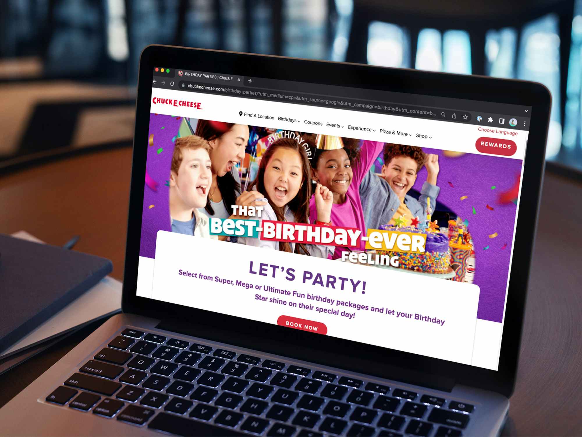 Someone looking at the Chuck E Cheese website page about birthday parties