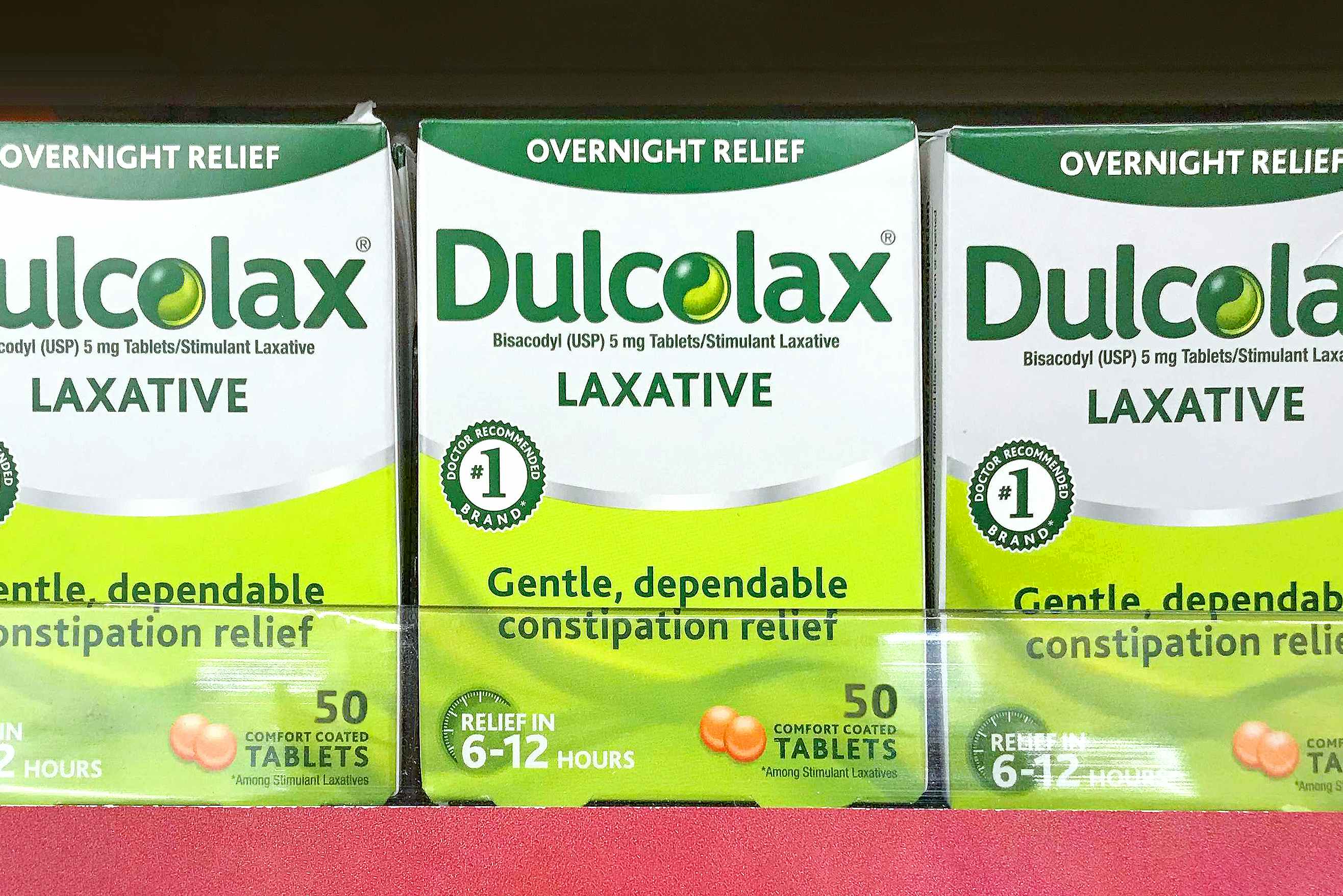 dulcolax laxatives 50-count tablets on store shelf