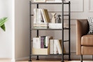 a shelving unit in a living room