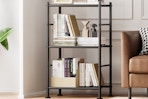 a shelving unit in a living room