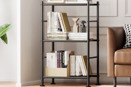 a shelving unit in a living room