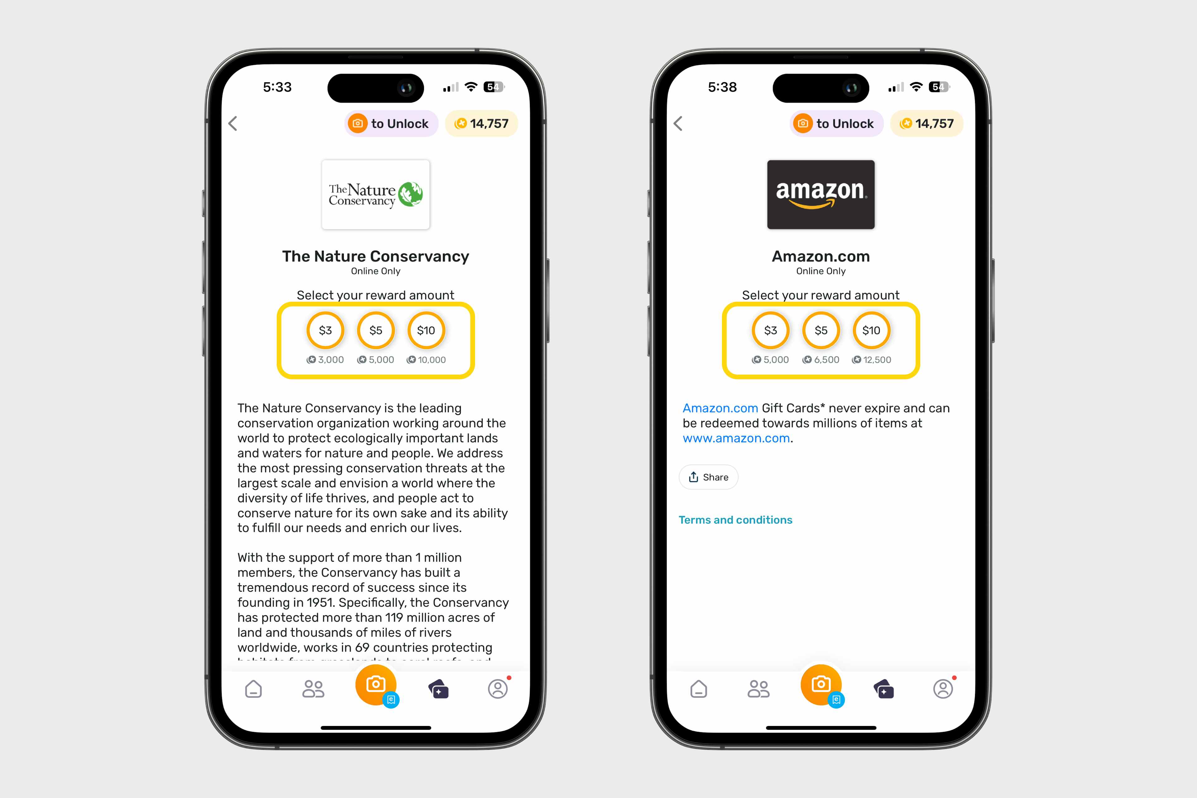 two phones showing the different point conversion for rewards on the Fetch app