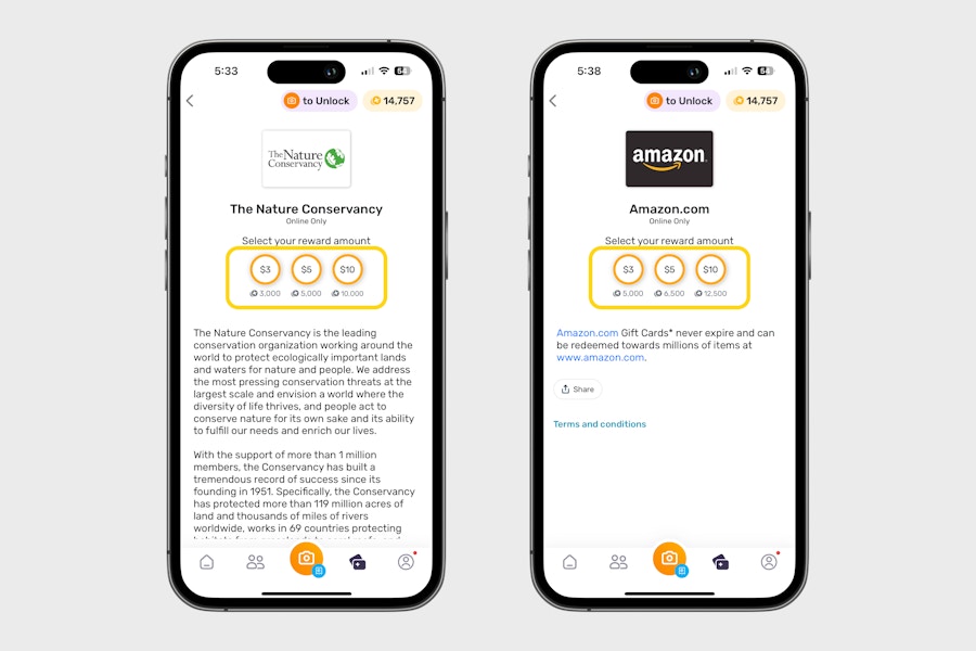 two phones showing the different point conversion for rewards on the Fetch app