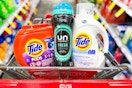 tide pods, downy unstoppables, and liquid tide in a cart