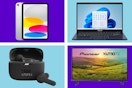 An iPad, laptop, earbuds, and TV on a purple and blue collage background. 