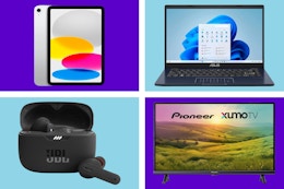 An iPad, laptop, earbuds, and TV on a purple and blue collage background. 