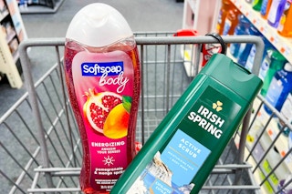 bottle of Irish Spring and Softsoap body wash inside cart