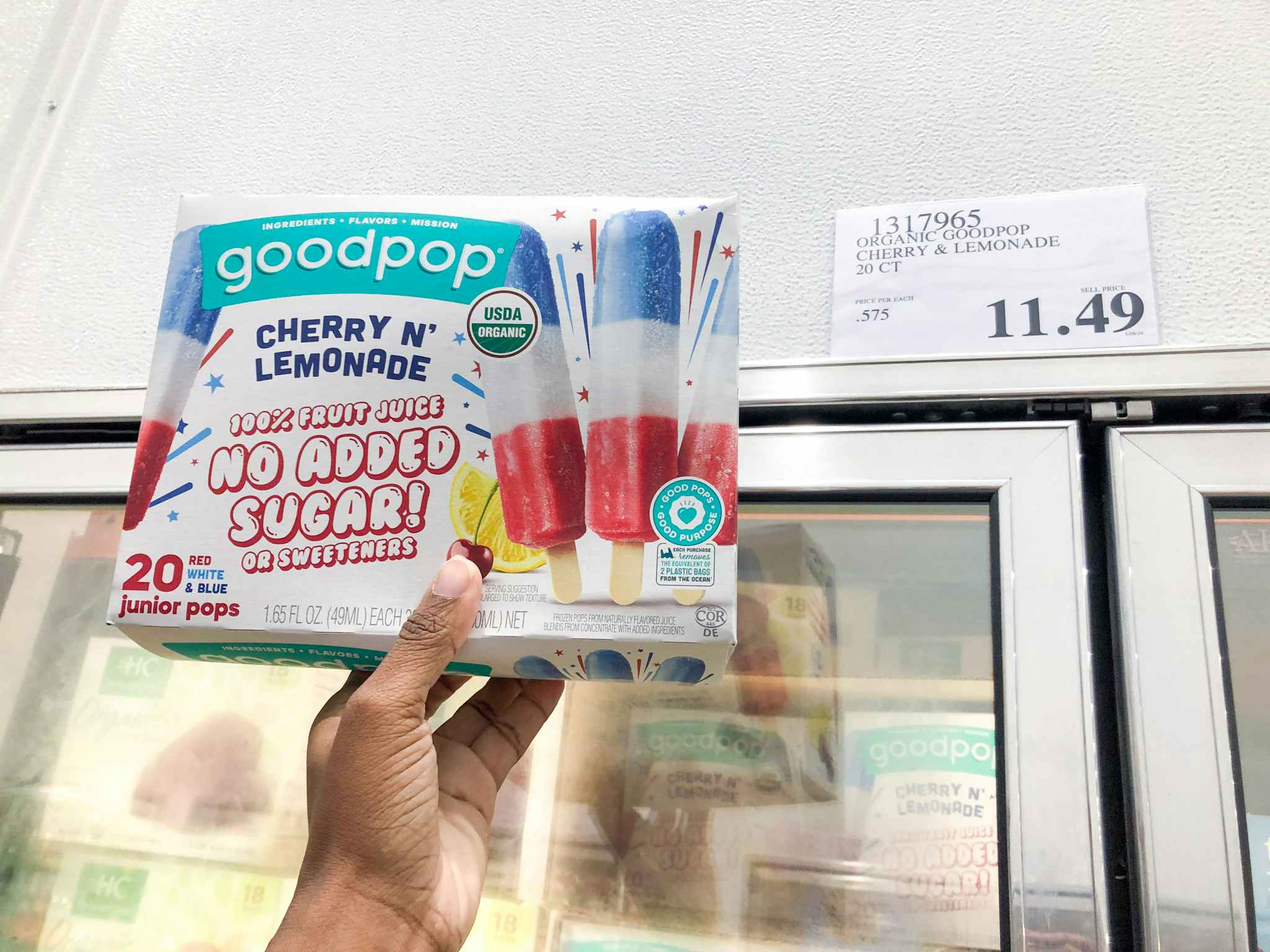 costco goodpop red white and blue ice pops 20 count signage