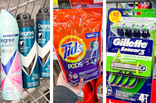 collage image of degree deodorant, tide pods, and gillette disposable razors