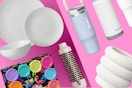 white dinnerware set, Play-doh set, Thermal brush, Carote tumbler, and Better Homes & gardens planter