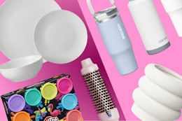 white dinnerware set, Play-doh set, Thermal brush, Carote tumbler, and Better Homes & gardens planter