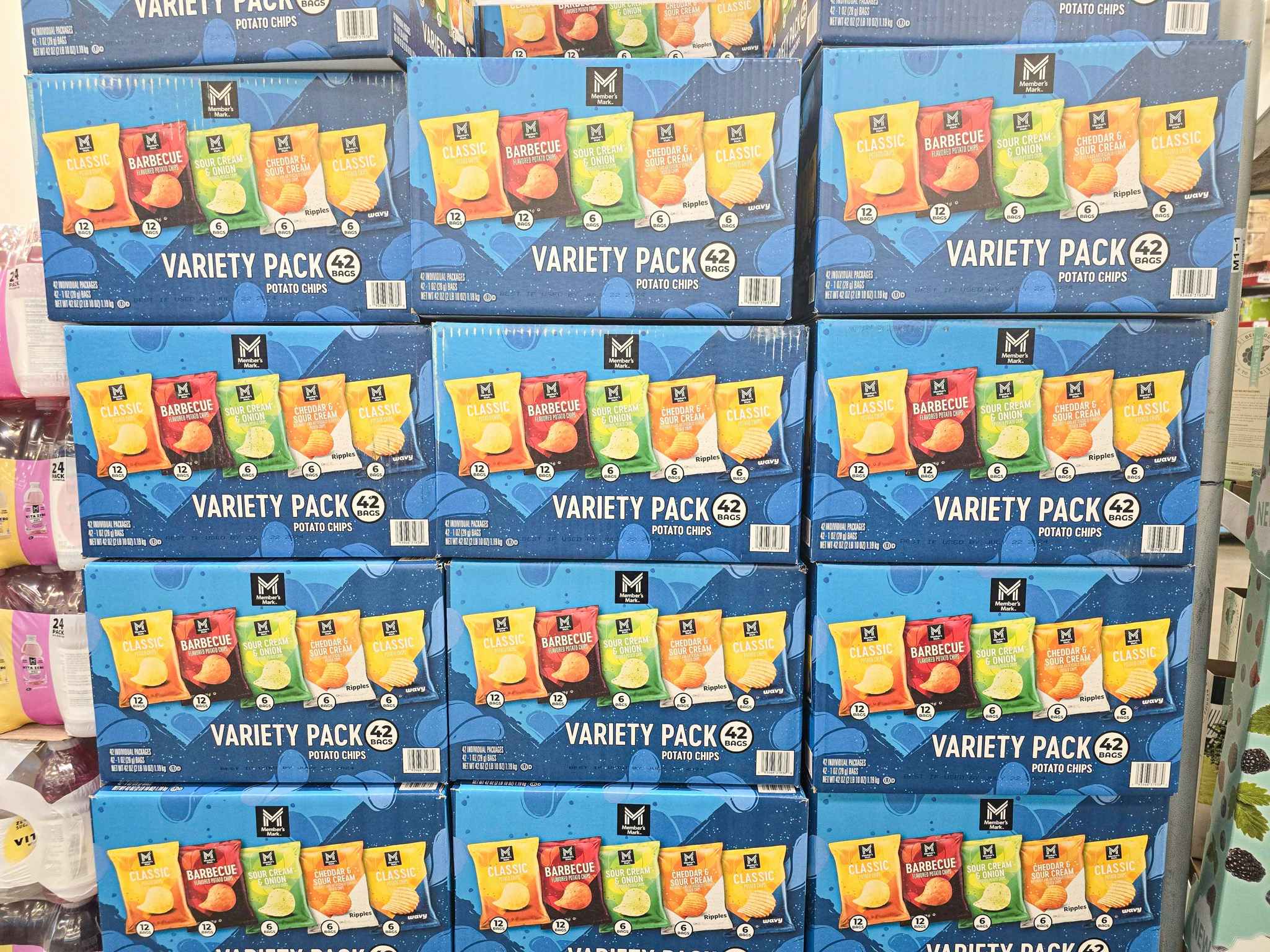 boxes of variety packs of chips