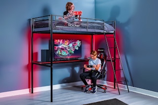 Lifestyle image of the X Rocker Twin Gaming Bunk Bed used by two boys playing gaming