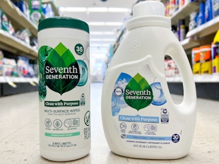 seventh generation laundry detergent and wipes on floor
