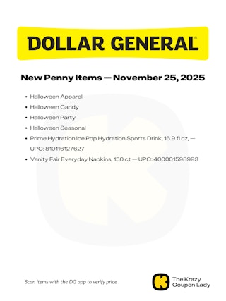 Graphic of dollar general penny list for november 25