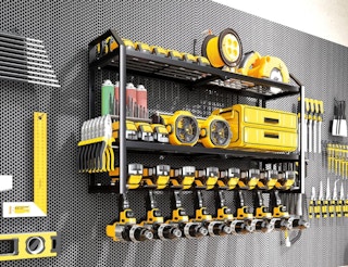 a power tool organizer on a wall with yellow tools