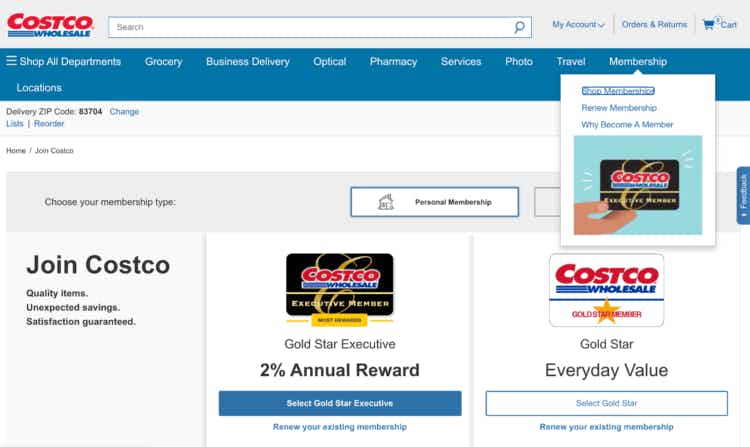 Costco Website showing membership signup and renewal