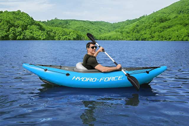 Inflatable Kayak Set With Hand Pump and Carry Bag, $72 on Amazon card image